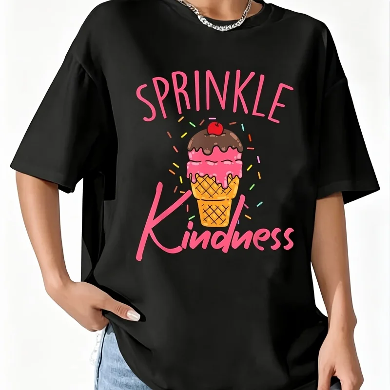 Women Sprinkle Kindness Ice Cream Funny Women's 100% Cotton T-Shirt Short Sleeve Top Casual Round Neck Fun Print Tee S-5Xl