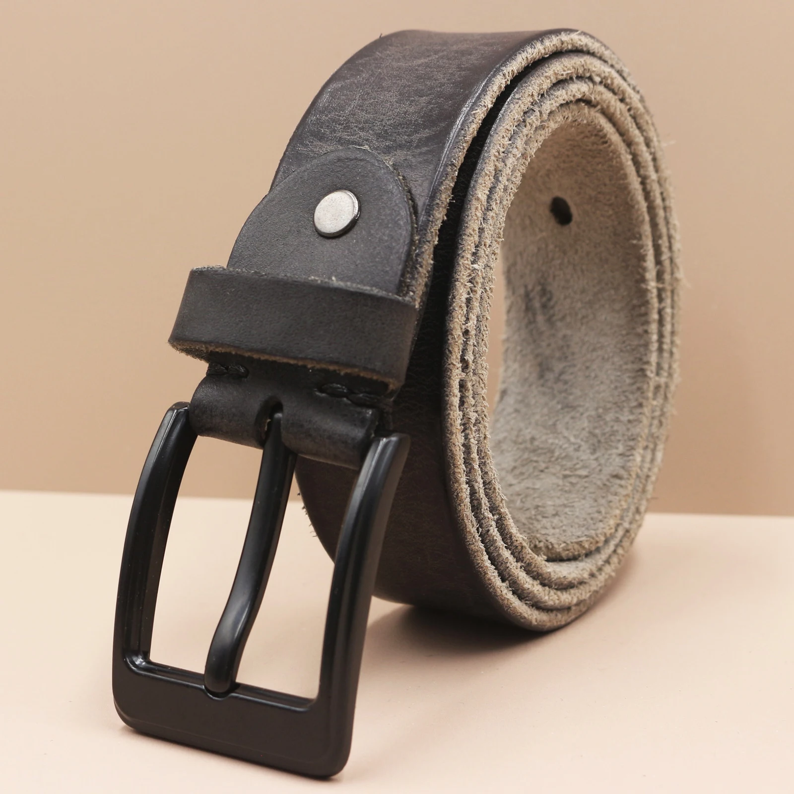 Retro Distressed Full Grain Leather Men Belt Classic Metal Pin Buckle Casual Cowboy Waist Strap For Daily Wear