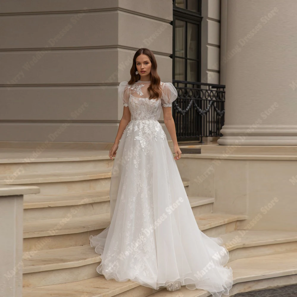 

2026 Fascinating Women Tulle Wedding Dresses Round Neck A-Line Bride Gown Short Sleeves Party Princess Robe De Mariée Customized