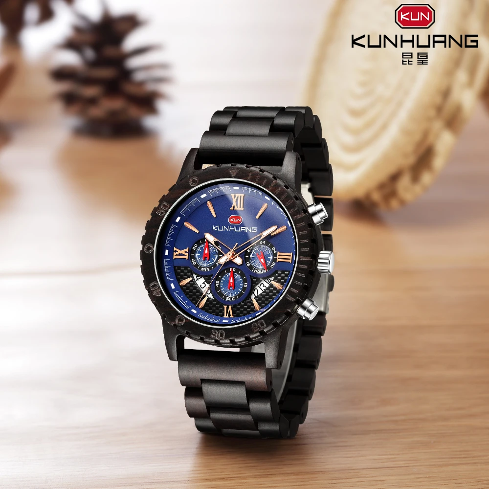 

KUNHUANG Wooden Strap Quartz Chronograph Watch - Stylish & Precise Timepiece for Trend - setters man‘s fashion wristwatch
