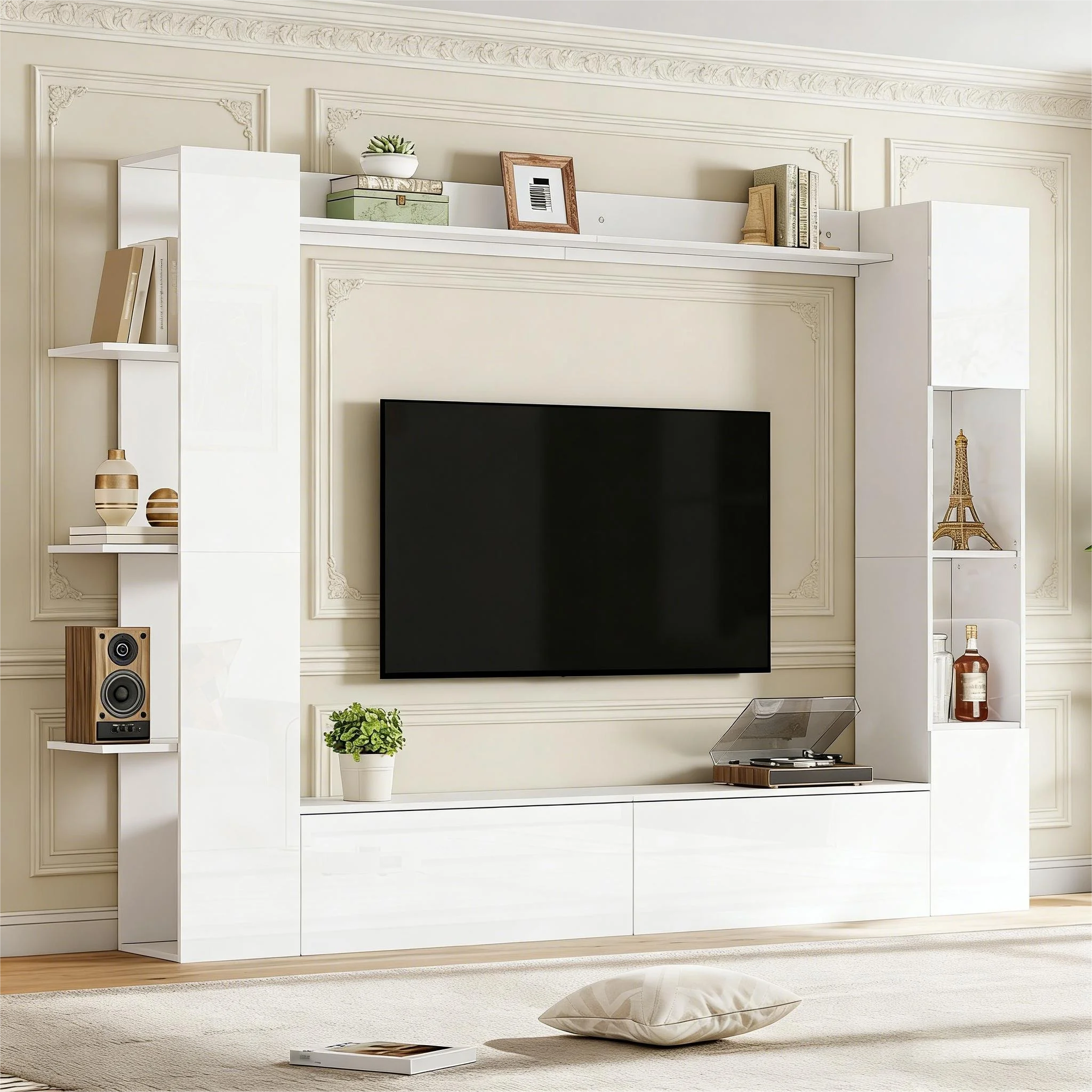 Ensemble de meubles muraux pour salon blanc 4 pièces, meuble TV brillant avec armoire de rangement, vitrine en verre réversible, bibliothèque à étagères ouvertes, centre de divertissement multifonctionnel pour salon