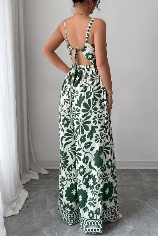 Jumpsuit Women 2026 Spring Autumn New Fashion Print Sexy Backless Lace Up V-Neck Sleeveless High Waist Slit Wide Leg Jumpsuit