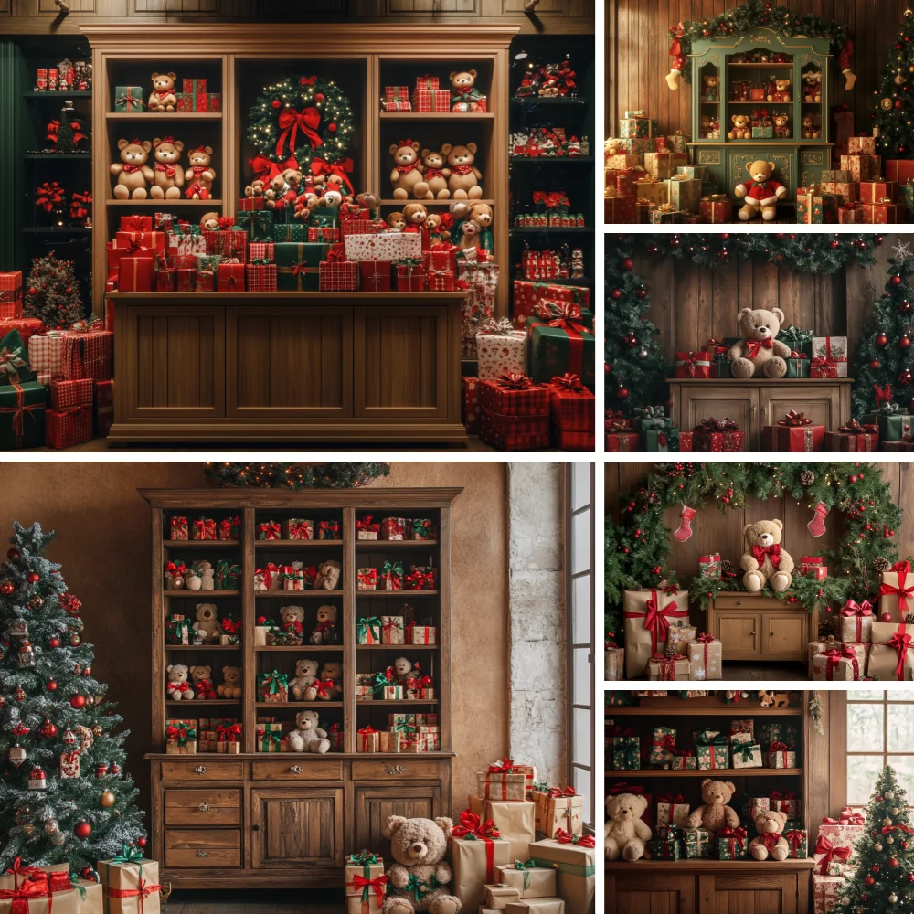 

Christmas Fireplace Backdrops Wall Curtain Cabinet Teddy Bear Xmas Tree Gifts Kids Family Portrait Photo Background Studio