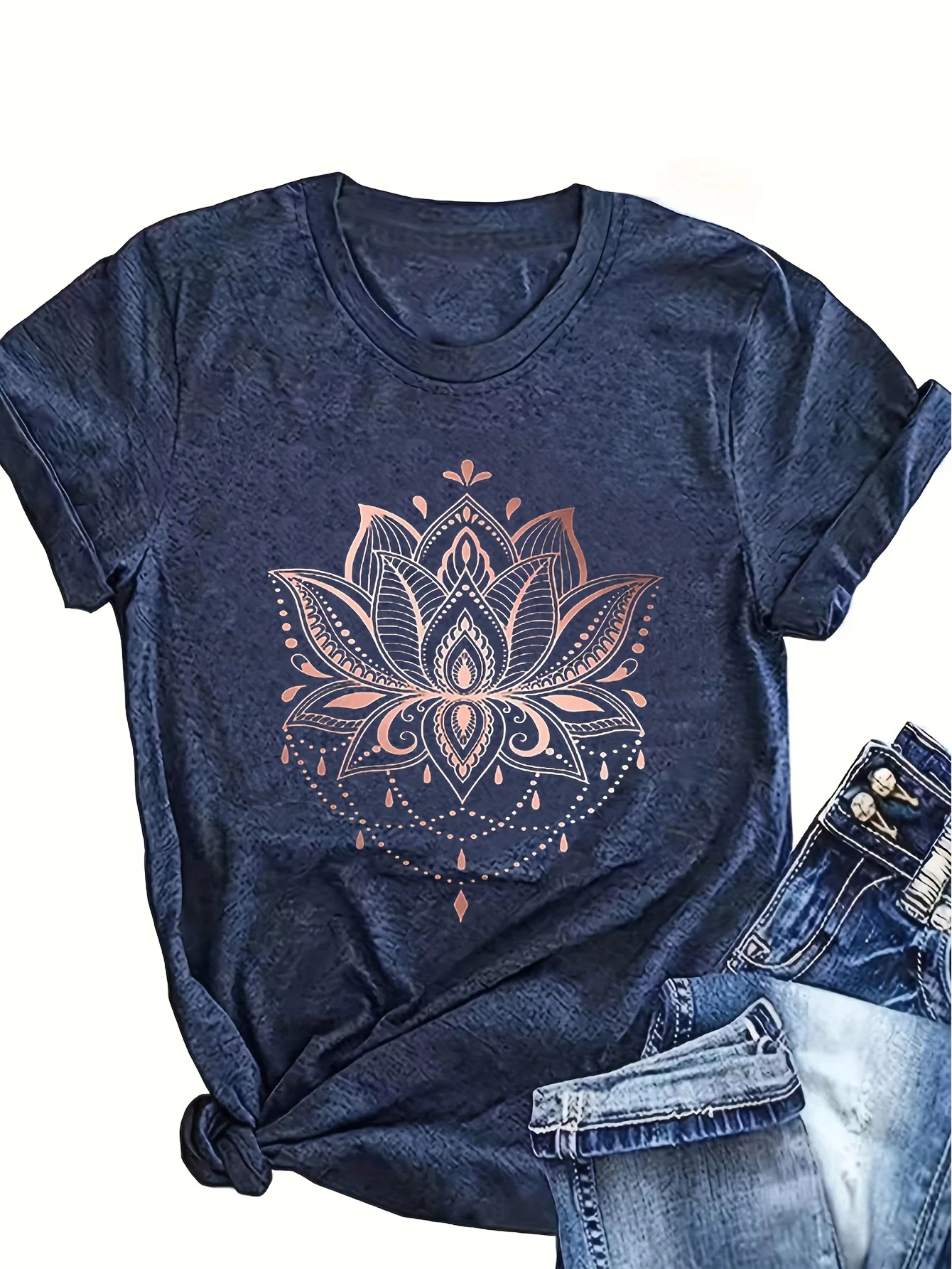 Lotus Mandala Women's Tee - Rose Gold Graphic, Casual Black Top