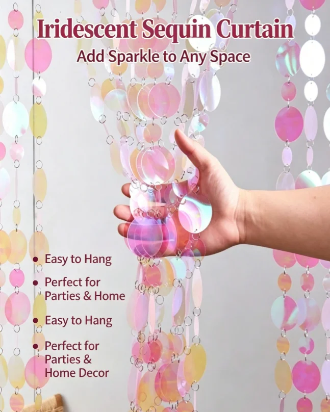 Rideau de porte L1M à sequins irisés et perles, séparateur de pièce scintillant pour la décoration, facile à installer, rideau festif chatoyant.