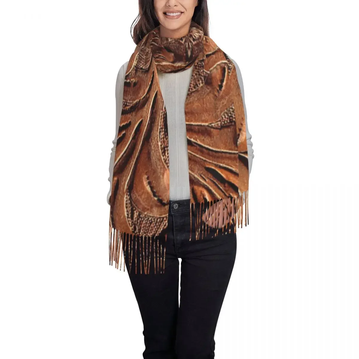 Luxury Vintage Worn Tooled Leather Pattern Tassel Scarf Women Winter Warm Shawl Wrap Ladies  Floral Textures Scarves