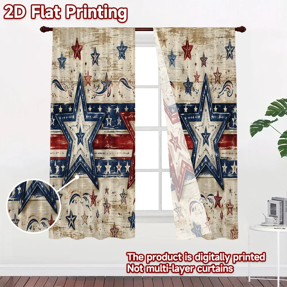 2D FLAT PRINTING 2pcs Curtains (Without Rod) Independence Day American Stars Print Modern Curtains Durable Polyester Curtains