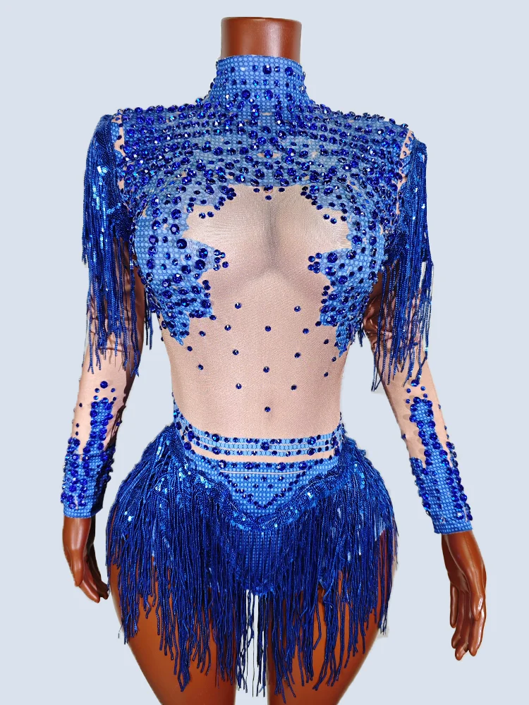 

Showgirl Costume Sequin Blue Rhinestones Bodysuit Woman Show Clothes Team Drag Queen Dance Party Birthday Outfits Performance