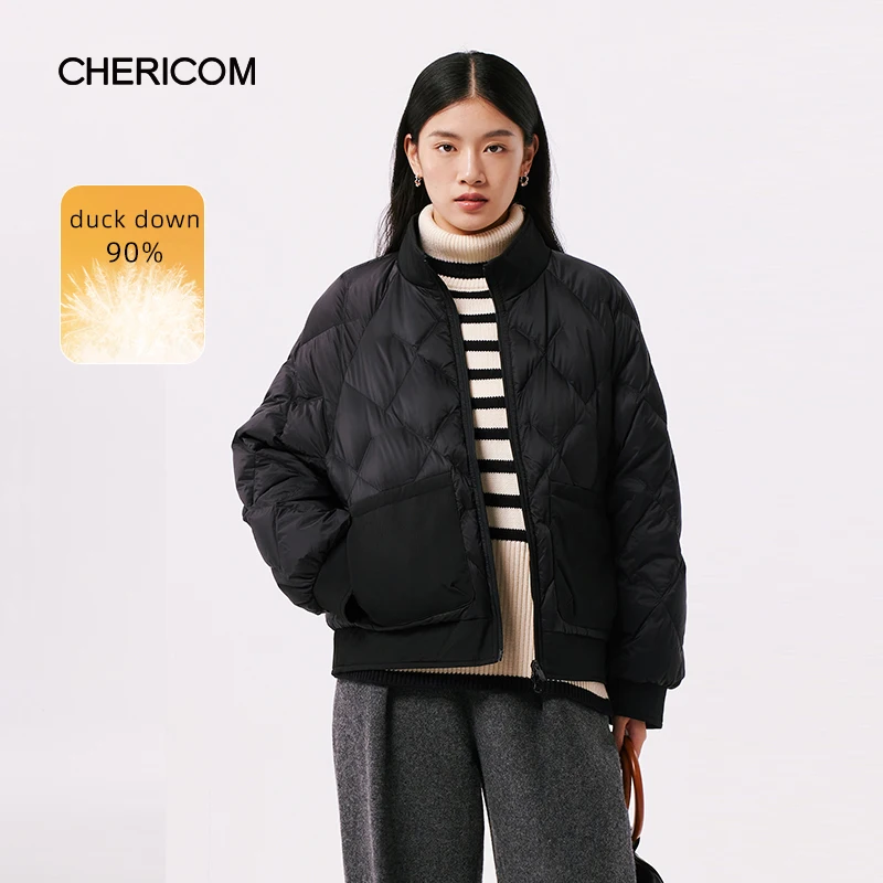 Chericom 여성용 패딩 재킷 퀼팅 디자인 대비 색상 양면 포켓 스탠드업 칼라 따뜻한 푸퍼 경량 코트 Y299015Y