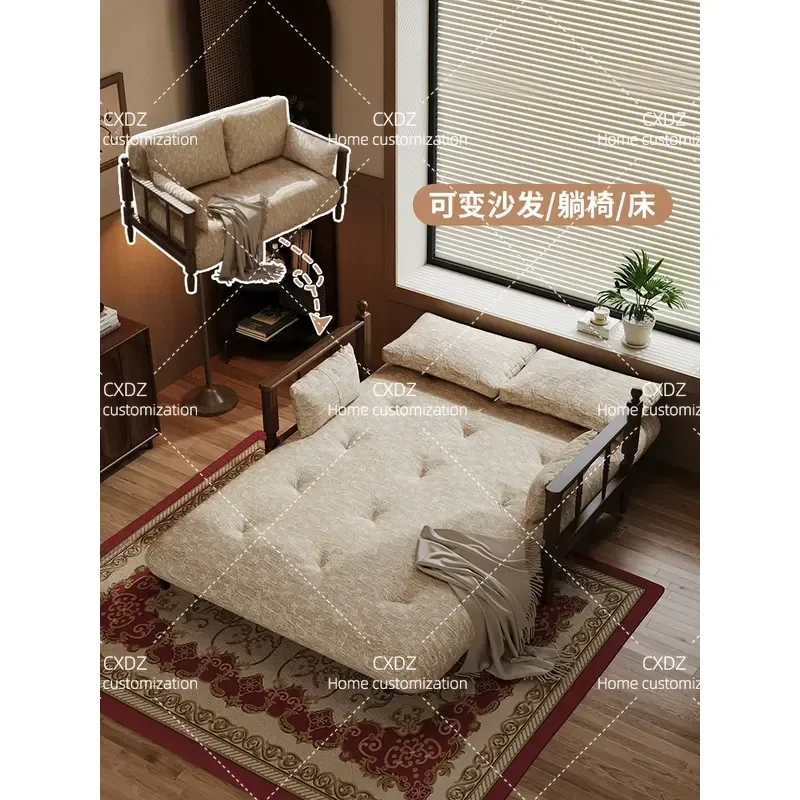 Retro Solid Wood Sofa Bed Folding Integrated Dual Purpose Double Medium Antique Small Apartment Living Room Multi Function