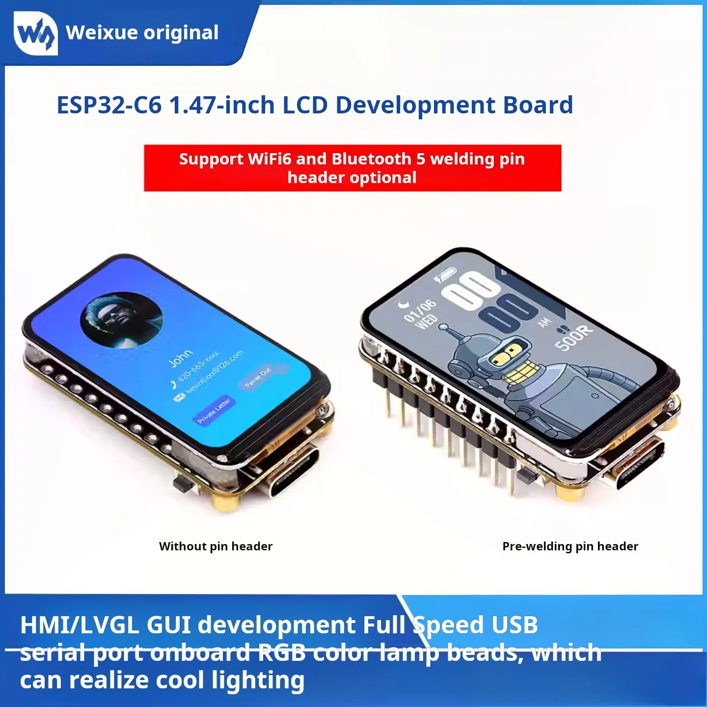 WAVESHARE ESP32-C6 1.47-inch LCD screen development board with WiFi 6 and Bluetooth 5, featuring onboard RGB color LED bulbs