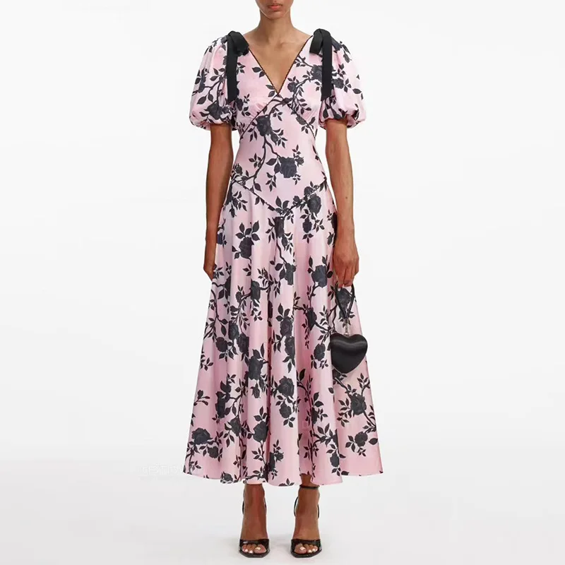 

French Retro Temperament Dress 2025 Summer New Fashion Puff Sleeve Design Waist Slimming Printed Long Dress for Women