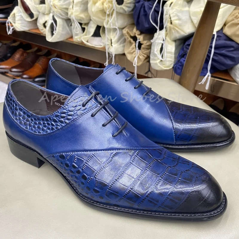 

Blue Croc Embossed Cow Leather Oxford Shoes Retro Lace Up Formal Dress Shoes Business Elegant Wear-Resistant Office Shoes