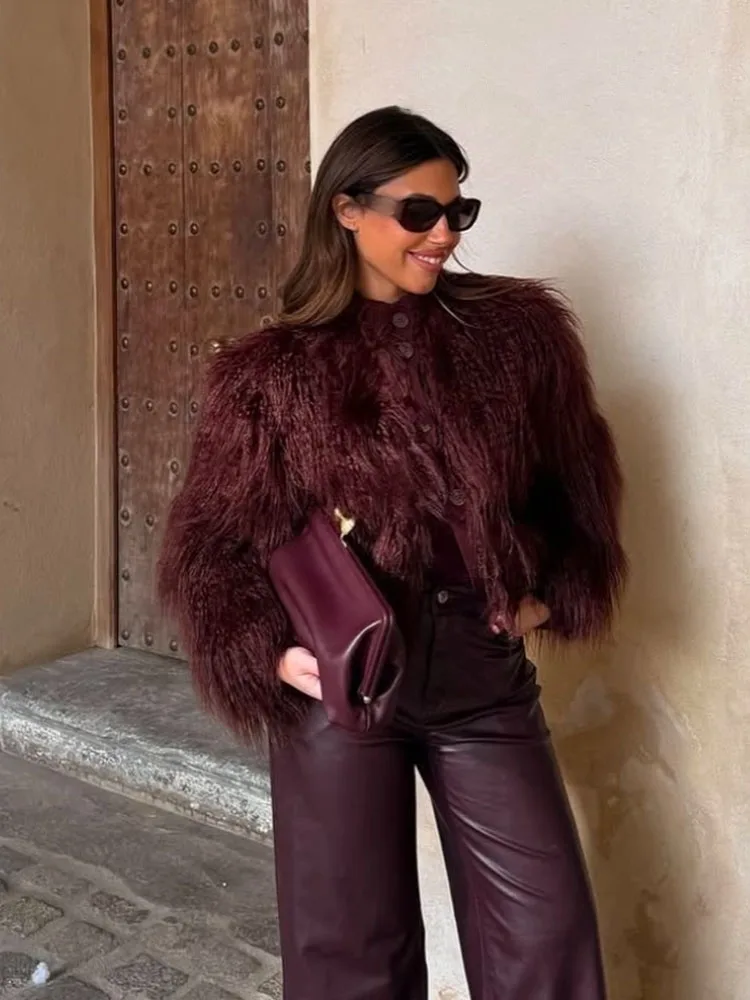 HH, nueva chaqueta de cuello redondo tejida con efecto de piel sintética para mujer, abrigo de manga larga con temperamento elegante de invierno para mujer