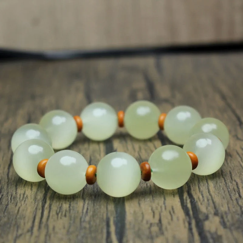 Men's and Women's Fashion Sweat Ice Green round Beads Bracelet Greenish White Jade Old Bead Neck