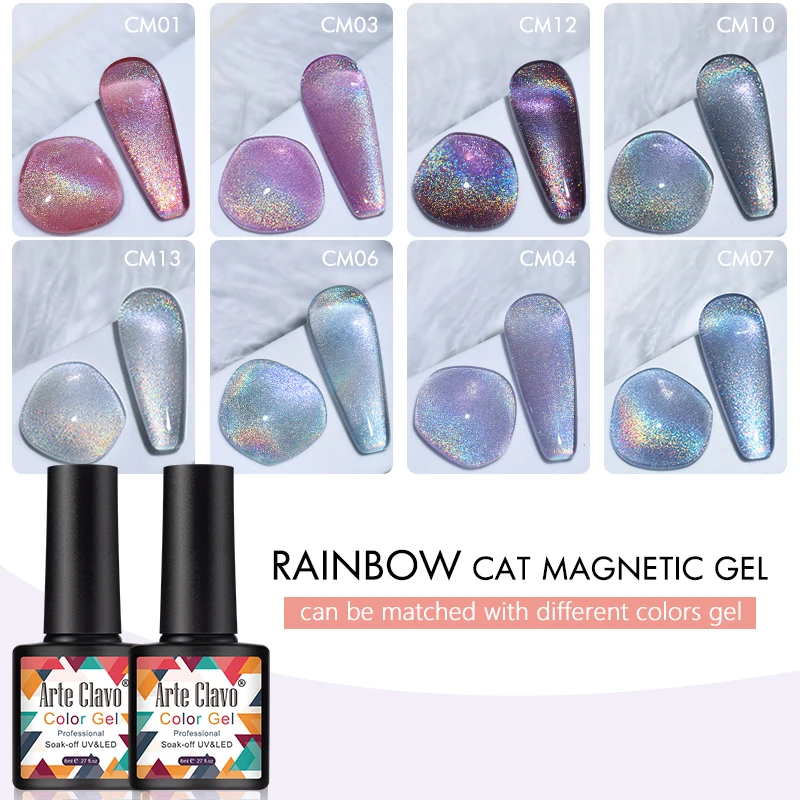 Arte Clavo 8 ml Glitzer-Laser-Regenbogen-Katzenauge, UV-Magnetgel, bunt, glänzend, Gel-Nagellack, semi-permanente Hybrid-Lacke