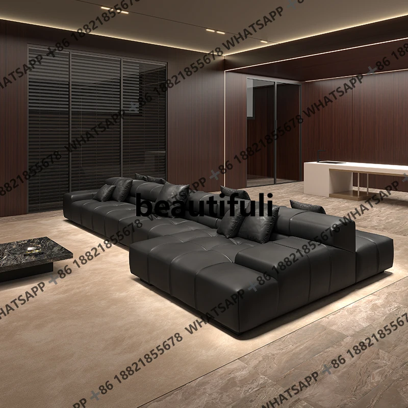 Black leather double-sided backrest sofa island sitting on both sides, large flat horizontal hall
