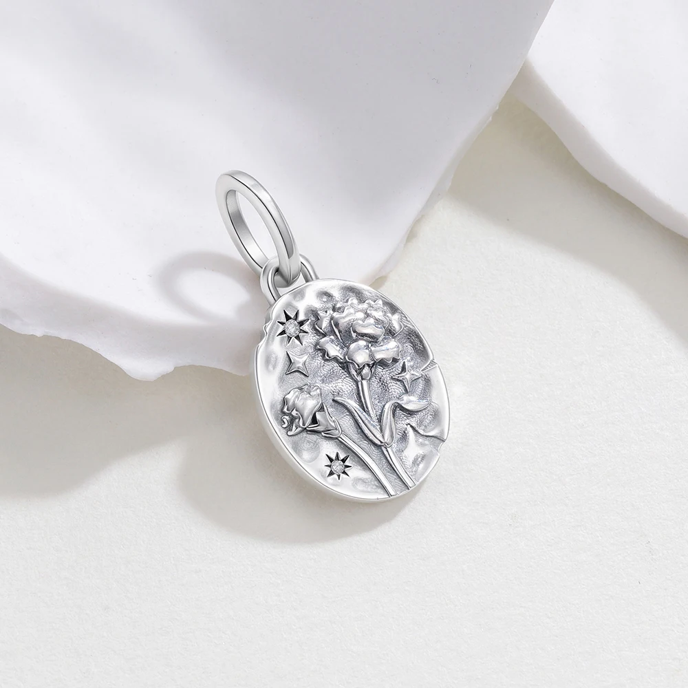 925 Sterling Silver Charms Hammered Carnation Flower Tag Pendants Beads Fit Original Bracelet Charm DIY Jewelry Gift For Woman