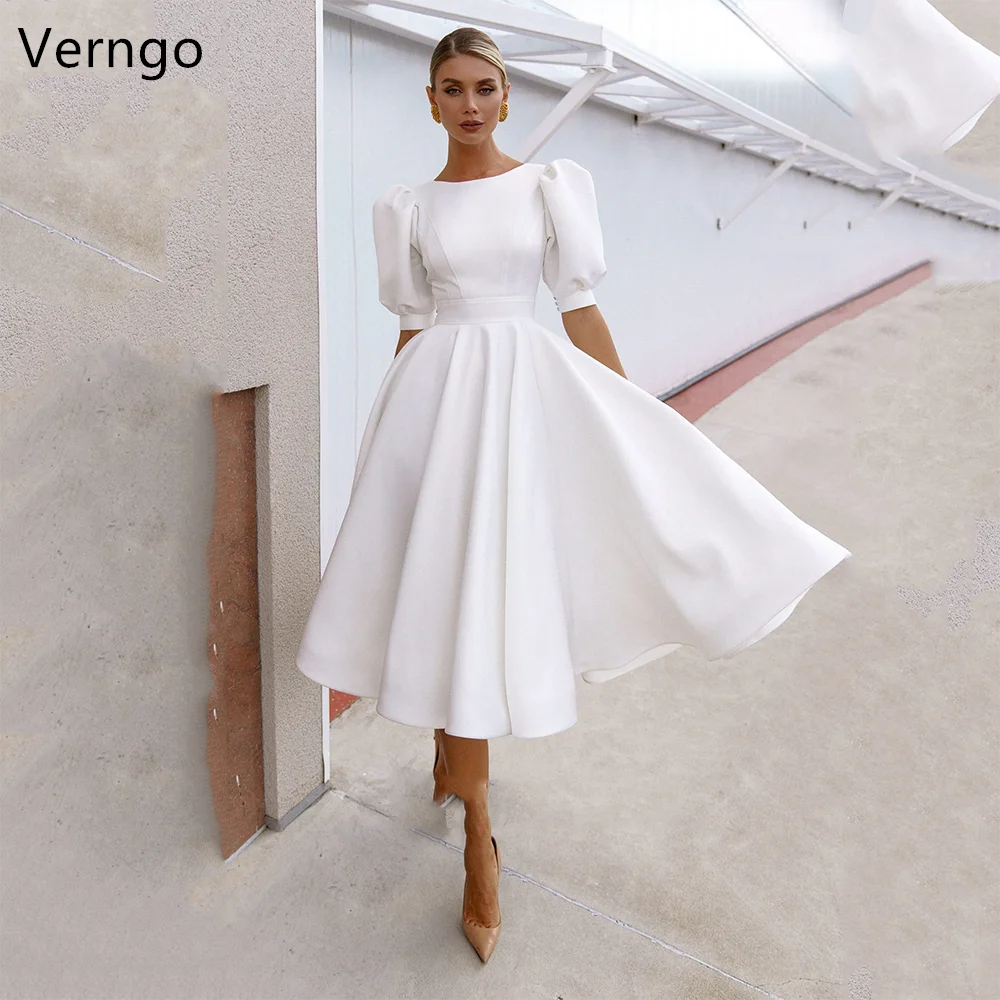 

Verngo lvory Satin Wedding Dress O Neck A-line Ankle Length Bridal Gowns For Women Puff Short Sleeves Backless Bride Dress