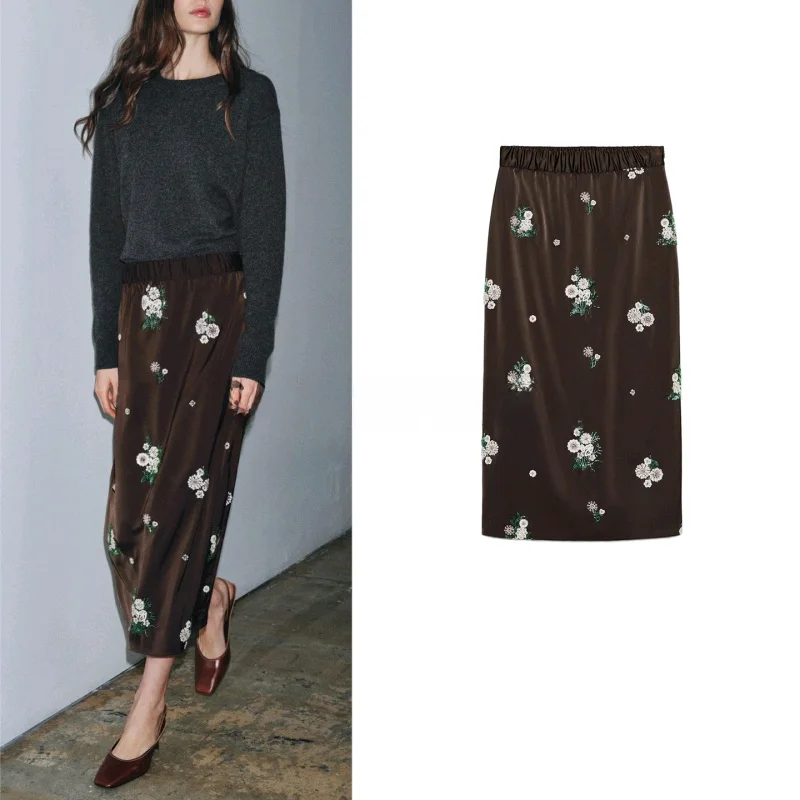 

Повседневная прямая юбка со средней талией, женская зимняя флисовая юбка с вышивкой, полиэфирное волокно, подставка