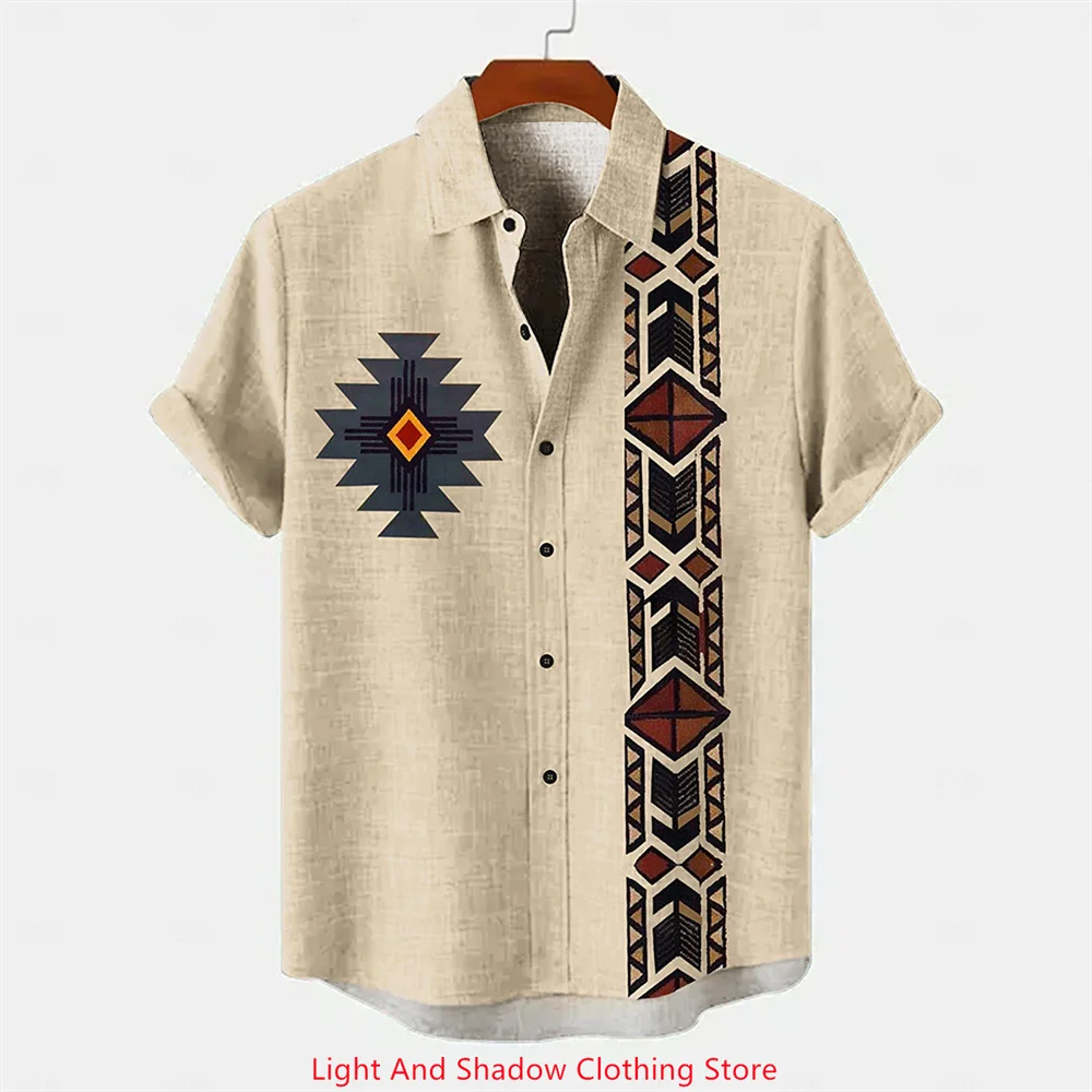 

Retro Men's Ethnic Pattern Printed Short Sleeve Lapel Shirt Casual Street Fashion Button up Cardigan Breathable Linen 2025 Style