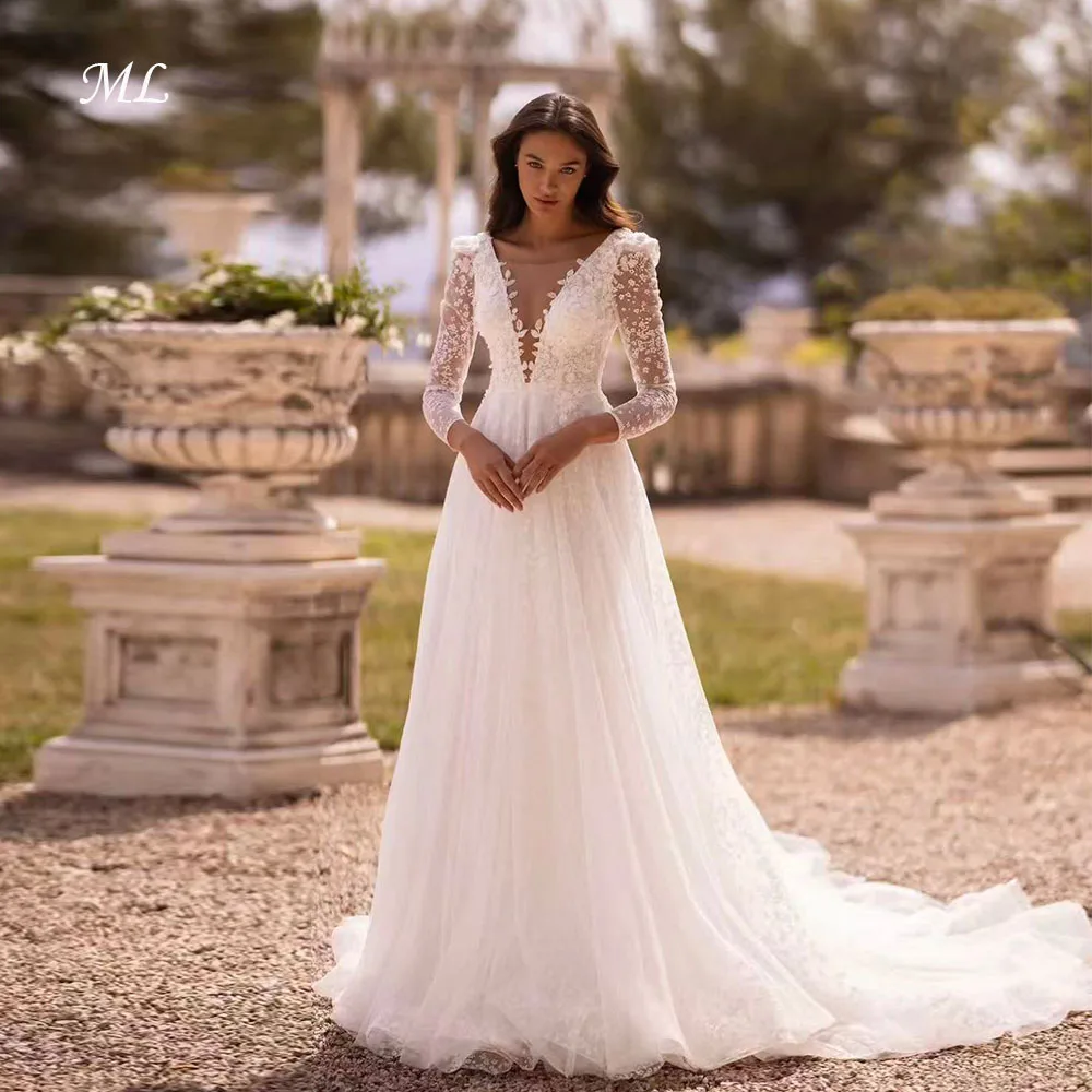 

ML Vintage Deep V-Neck Wedding Dresses Open Back Ivory Tulle A-Line Bridal Gown Luxury Bride Dress Dress Customized 2026 New