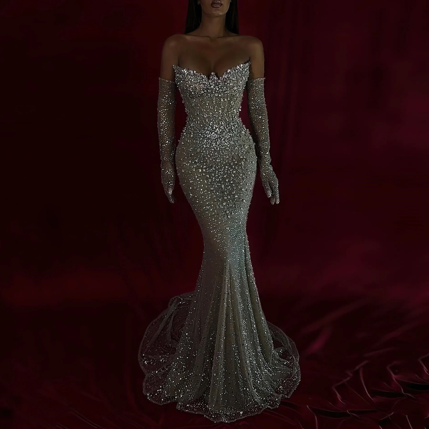 Sexy Long Prom Dresses Applique Glitter Sequin Lace Evening Gowns with Gloves Mermaid Party Dress Beaded Off Shoulder