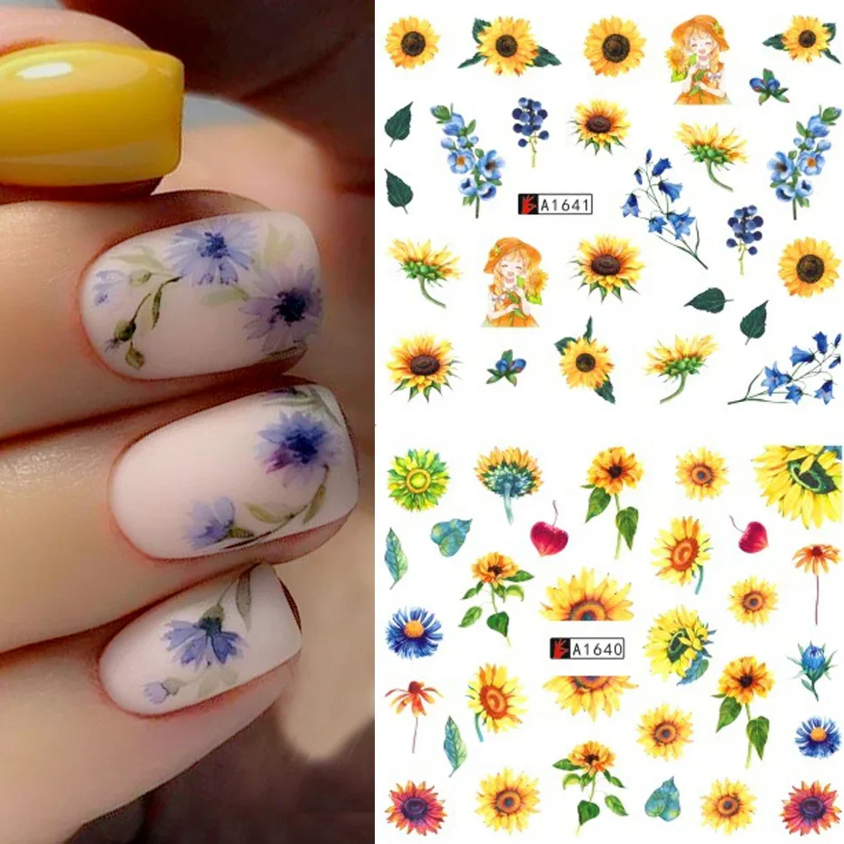 12Pcs Nail Stickers Zonnebloemen Kersenbloesems Vlinder Daisy Water Transfer Decal Blad Nail Design Manicure Decor SAA1633-1644