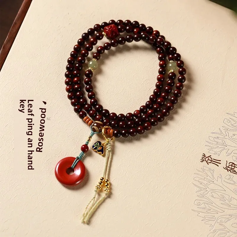 Lobular Red Sandalwood Round Beads Bracelet 108 Circles of Old Material Good Luck HandString Cinnabar Peace Buckle Amulet Rosary