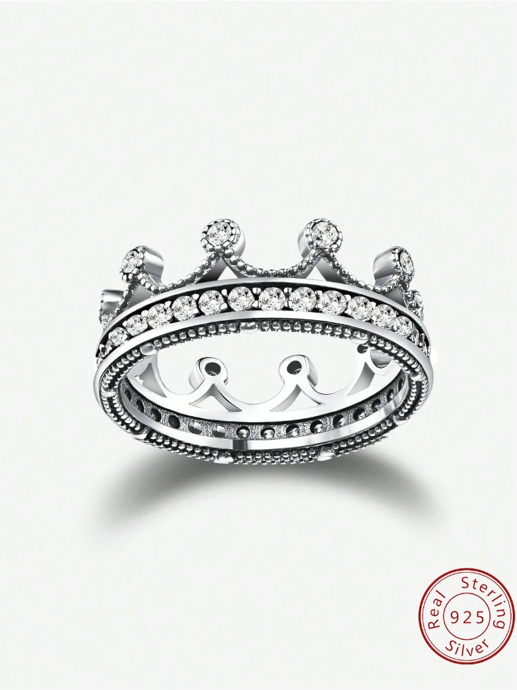 925 Sterling Silber Schlichter Klassischer Kronen-Sonne-Mond-Zirkon-Ring für Damen, Verlobungs- und Hochzeitsschmuck, Luxuriöser Hochwertiger Edel-Schmuck