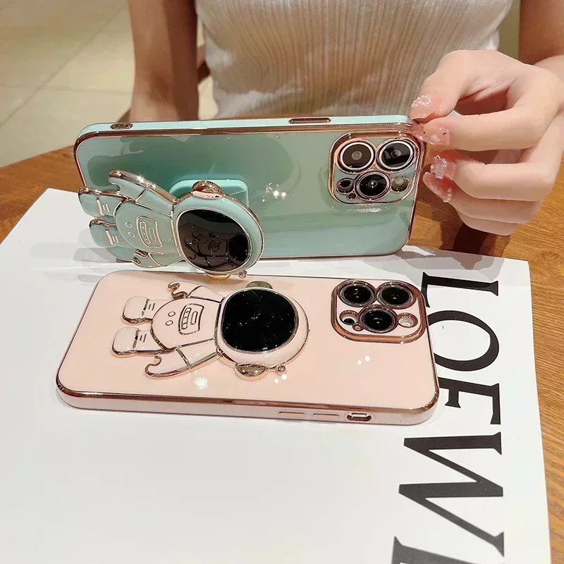 Suporte do anel do astronauta 3D Estojo macio para iPhone, capa traseira luxuosa, dobrável, chapeamento, 14, 13 Pro Max, 12 Plus, 2023