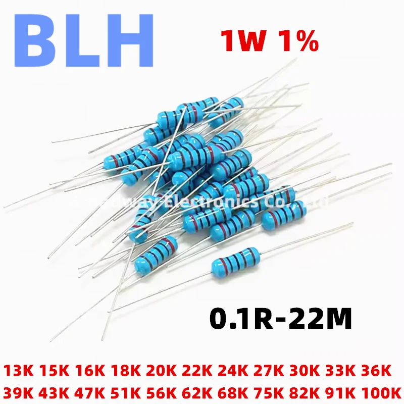 50PCS 1W 1% Metal Film Resistor 13K 15K 16K 18K 20K 22K 24K 27K 30K 33K 36K 39K 43K 47K 51K 56K 62K 68K 75K 82K 91K 100K ohm