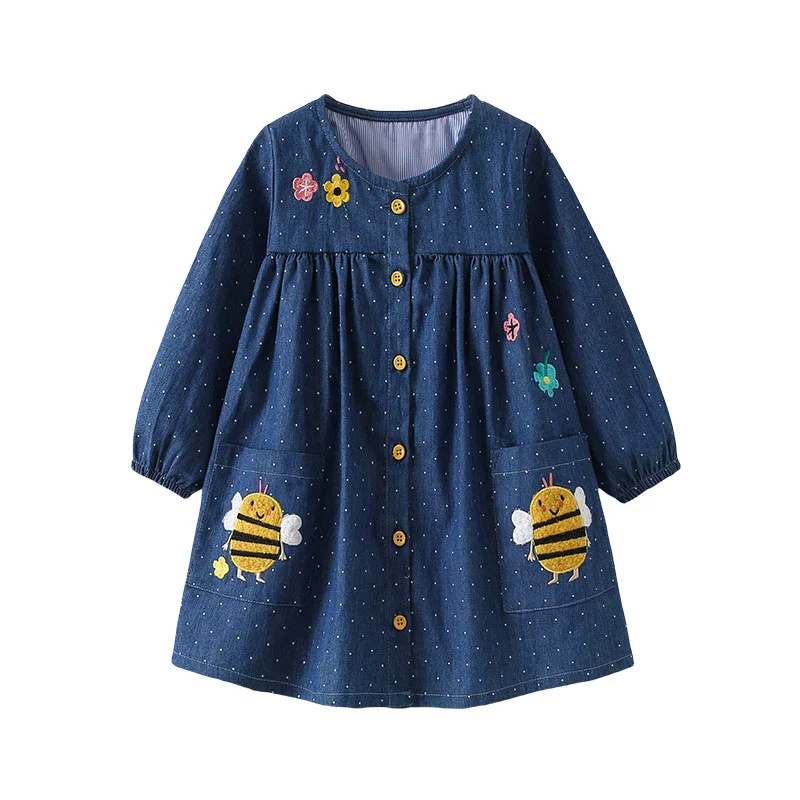 Jumping Meters 2-7T Princess Girls Dresses Buttons Bee Embroidery Autumn Spring Baby Clothing Long Sleeve Frocks Toddler Dress