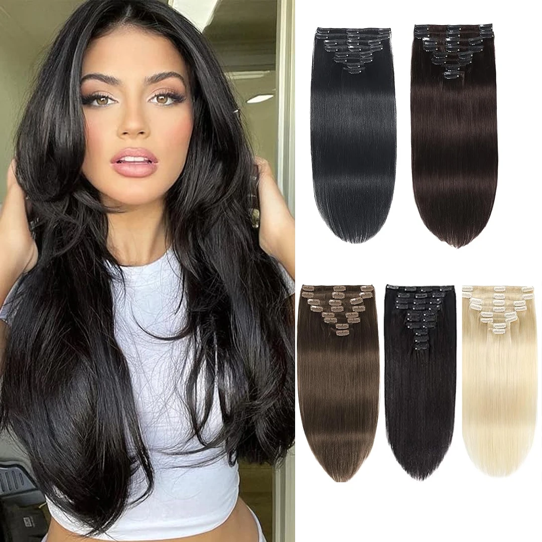 Extensões de cabelo remy para mulheres, extensões de cabelo com grampo, cabelo humano 100% real, trama dupla, # 1B, 8pcs