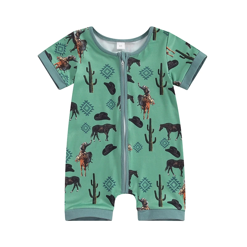 

Baby Boys Jumpsuit Short Sleeve Crew Neck Zipped Horse Print Summer Romper Clothes for Casual Daily