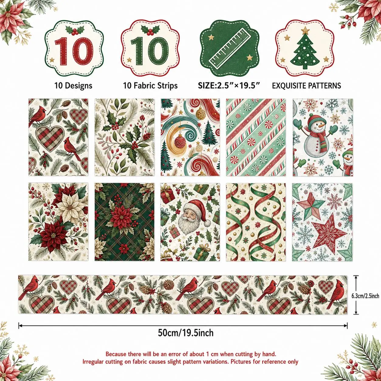 10pcs Santa Christmas Pattern Jelly Roll Fabric Strips 2.5X19.7inch Pre-Cut  Polyester For Patchwork Quilts, Table Runners