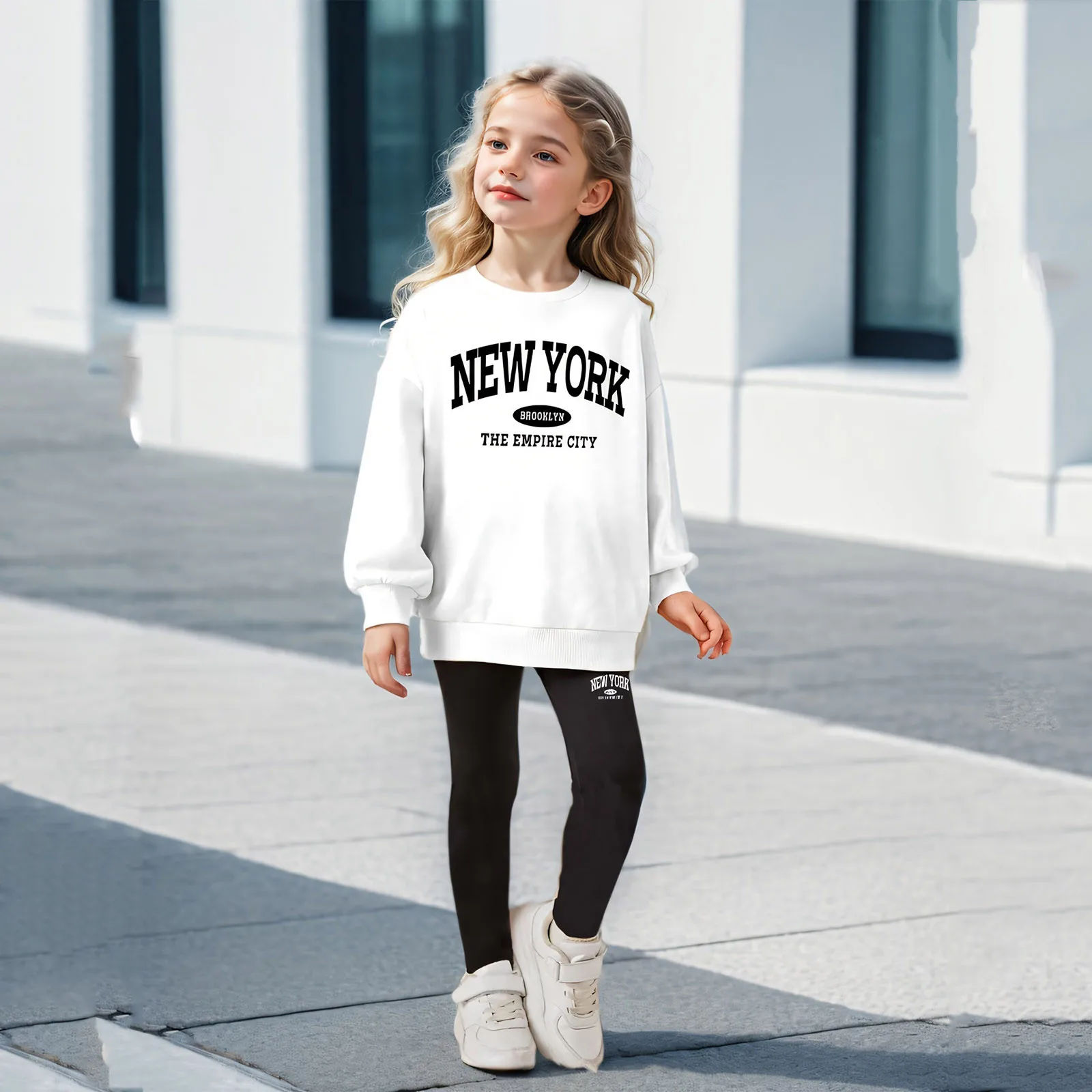 소녀의 도시 편지 인쇄 크루넥 긴 소매 후드티와 레깅스 귀여운 스웨트슈트