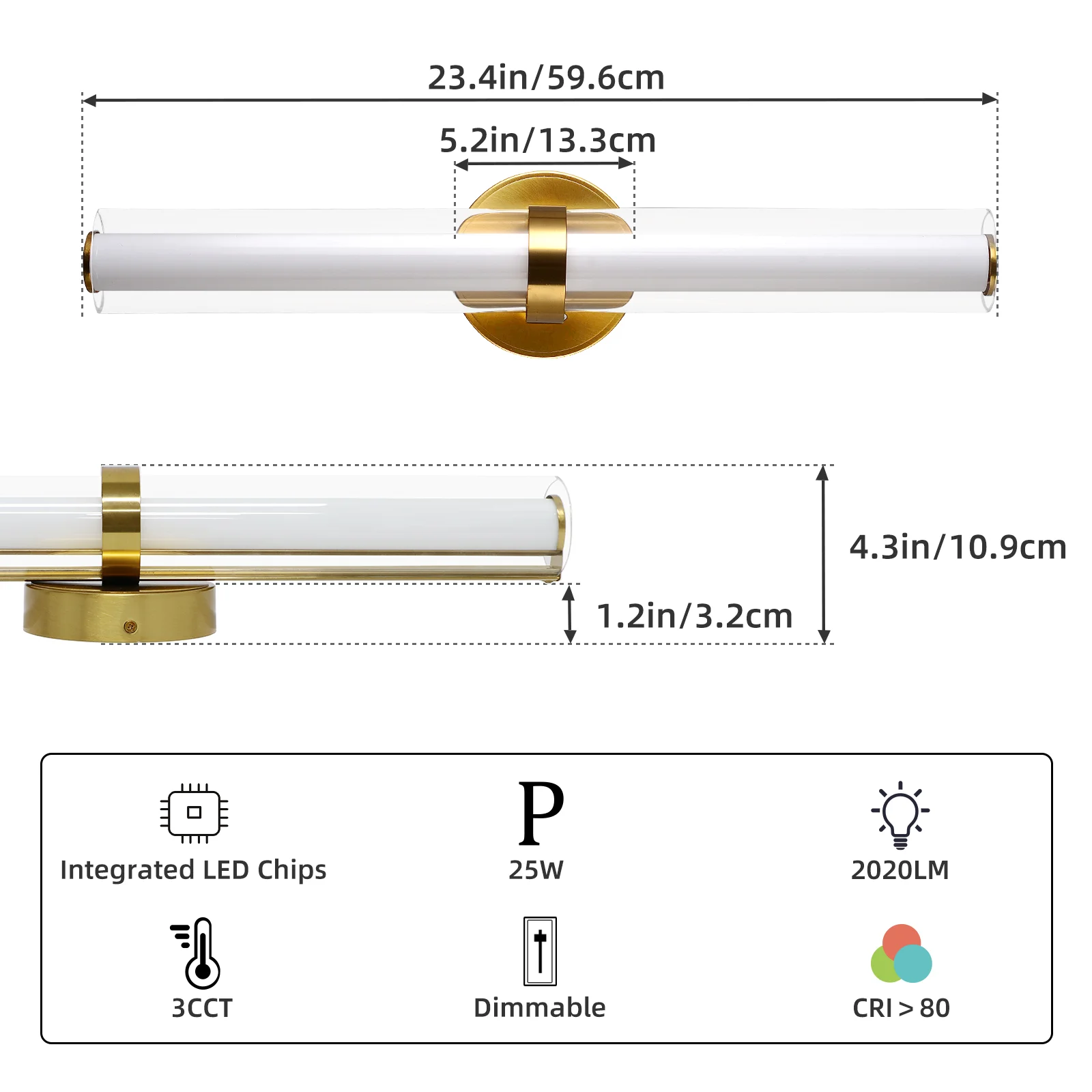 Accesorio de luces de barra de baño de doble capa sobre espejo con interior de acrílico esmerilado y exterior de vidrio transparente, 3CCT, 25W, 23,5 pulgadas