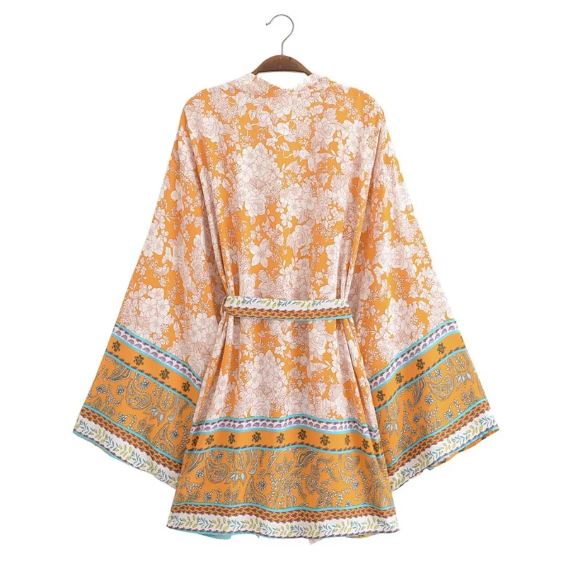 KEYANKETIAN 2025 New Holiday wind Matching Position Print Kimono Coat With Belt Flare sleeve Women's Mid-length Viscose Cardigan