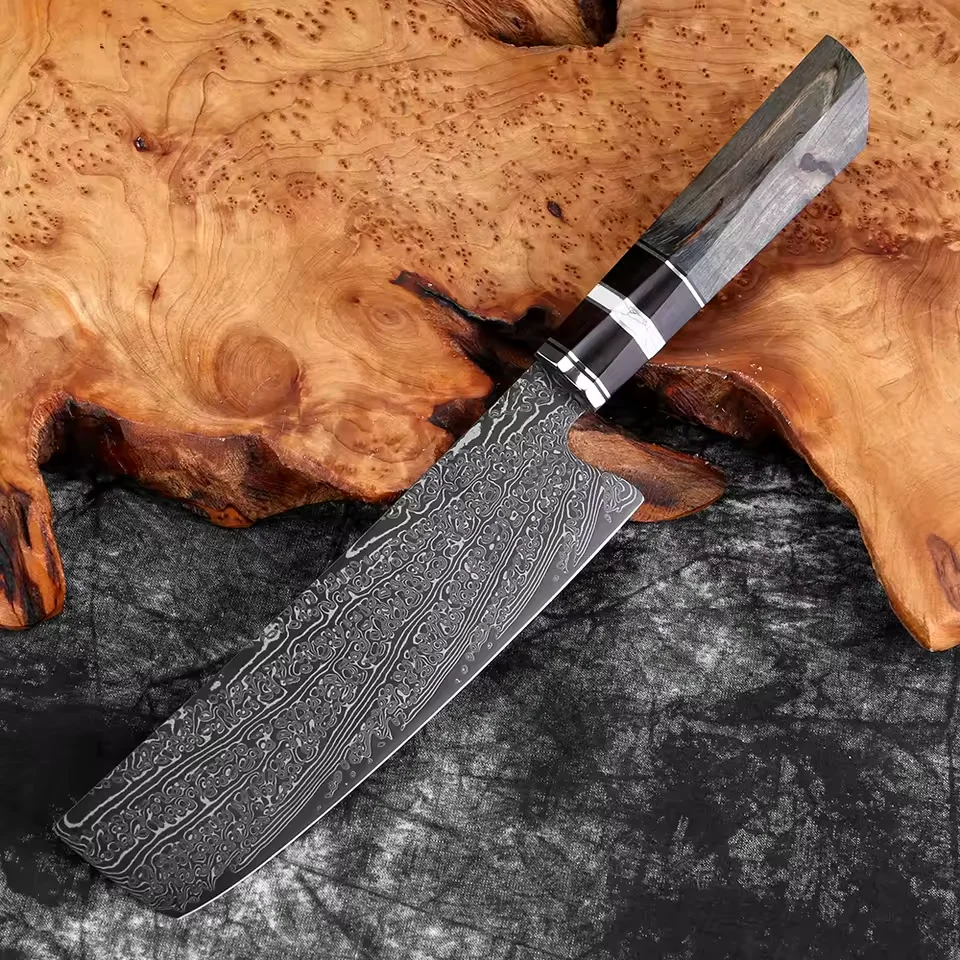 

Japanese 7 Inch Nakiri Knife Sharp Meat Cleaver Kitchen Vegetable Knife Damascus Stainless Steel Black Blade Asian Cooking Knife
