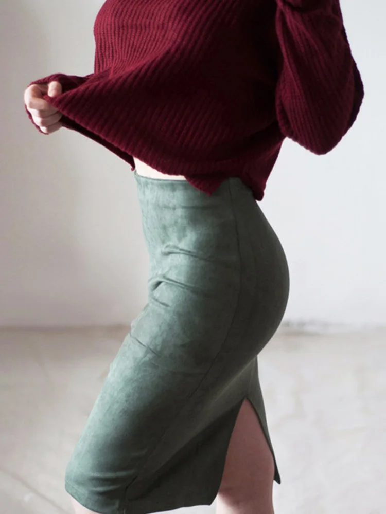 Women Skirts Suede Solid Color Pencil Skirt Female Autumn Winter High Waist Bodycon Vintage Suede Split Thick Stretchy Skirts