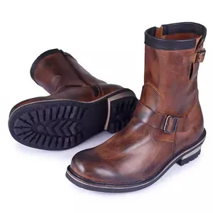 Botas altas de couro genuíno para homens, andar de motocicleta, sapatos de segurança de trabalho, fivela vintage, dedo do pé redondo, zíper, trabalho 8 principais vendas bota masculina engenheiro - №4