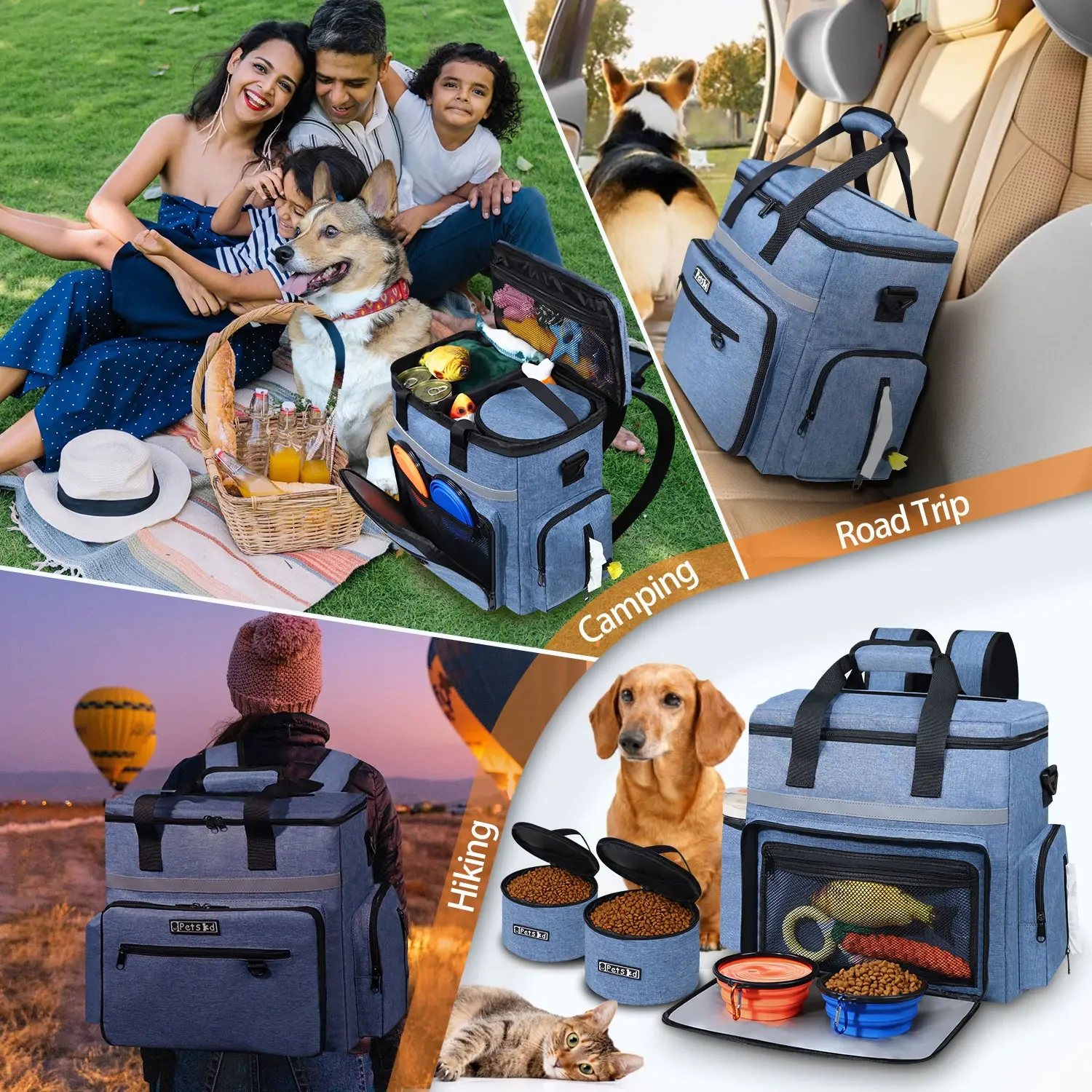 Petskd Outdoor Dog Organizer Bag with Bowl Set Traveling Storage Bag Large Multi-Function Pockets Pet Food Container Backpack