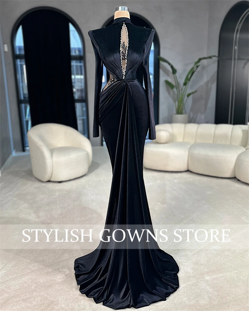 Elegant Black Lace Dubai Evening Dresses Bead Birthday Dress Luxury 2024 O Neck Full Sleeve Formal Gown Customized