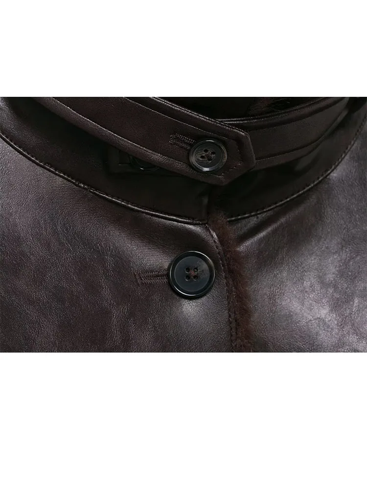 Damska elegancka dwustronna kurtka ze sztucznego futra, modna, z wysokim kołnierzem, zapinana na jeden guzik, z kieszeniami, zdobiona, z długim rękawem, ciepły płaszcz zimowy.