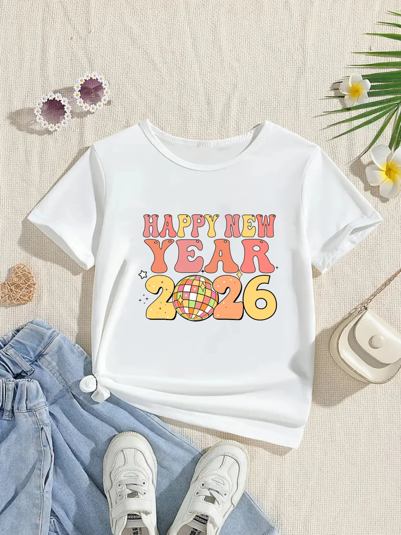 Hello 2026 Happy New Year Fashion Girls T-Shirt Cute Children Clothing Tshirt New Year Gift Costume Holiday Party Costume Tees