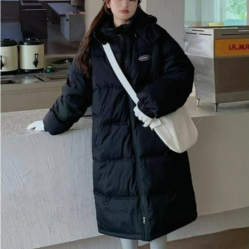 2023 New Women Down Cotton Coat Winter Jacket Female Long Over The Knee Parkas Loose Thick Outwear Solid Color Hooded Overcoat
