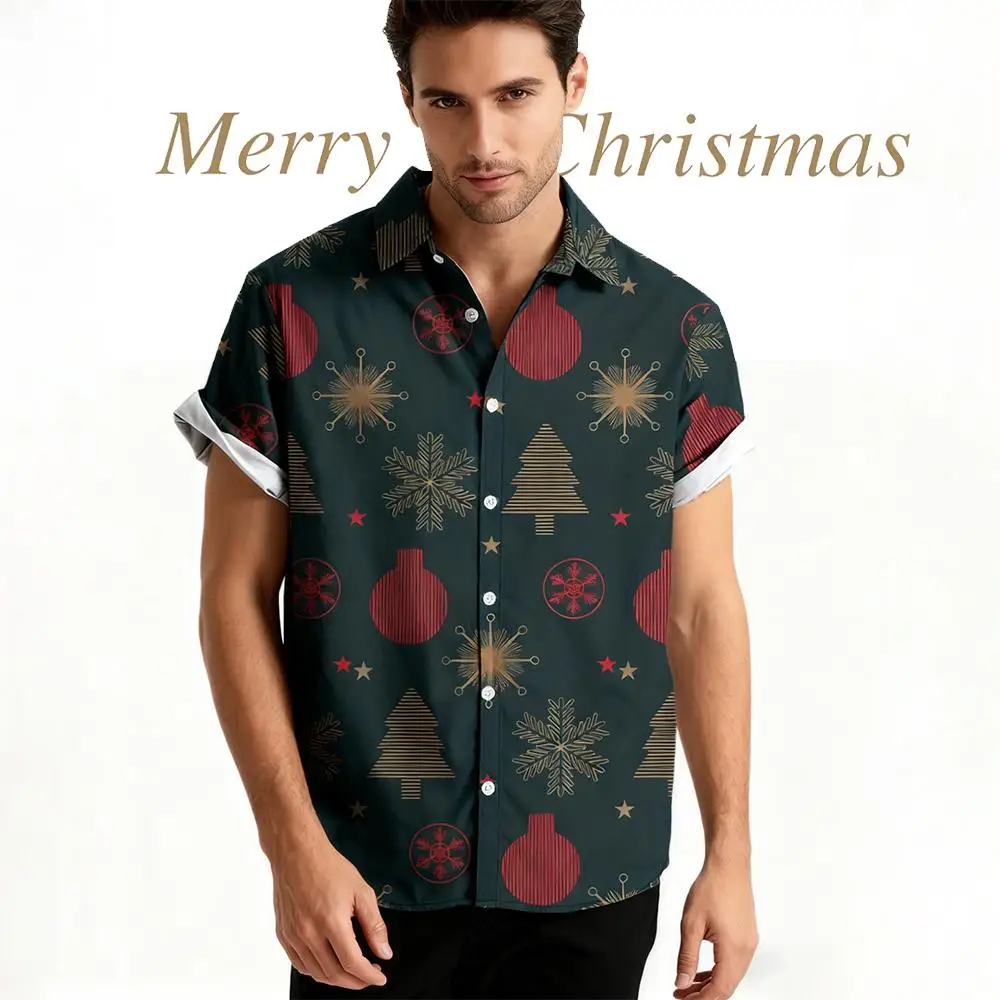 

Christmas Tree And Snowflake Pattern Shirt Unisex Party Casual Collared Short Sleeve Tops Loose Breathable Harajuku Streetwear