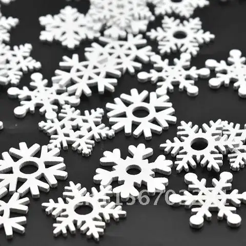 50Pcs 35mm Mix Shape Wooden White Snowflakes Christmas Ornaments Xmas Wood Pendant 2022 New Year Christmas Decorations for Home