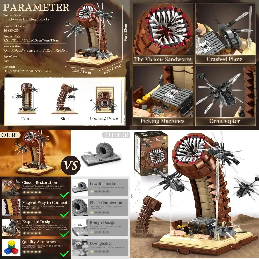 ชุดตัวต่อหนอนทรายสำหรับผู้ใหญ่พร้อมเครื่องบินออร์นิโทปเตอร์แบบแขวนสำหรับเด็กอายุ 8-12 ปี ตัวต่อแบบคลาสสิกที่ได้แรงบันดาลใจจากภาพยนตร์ 1688 ชิ้น